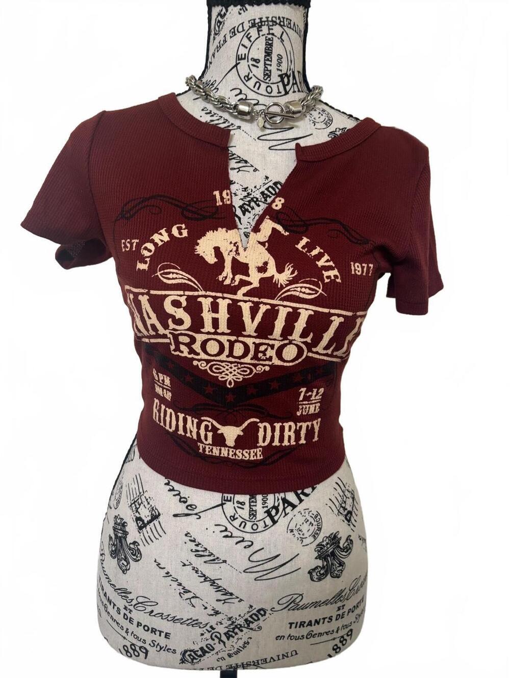 Y2K Nashville Rodeo Western Baby Tee Waffle  Burgundy Cowgirl Country Graphic